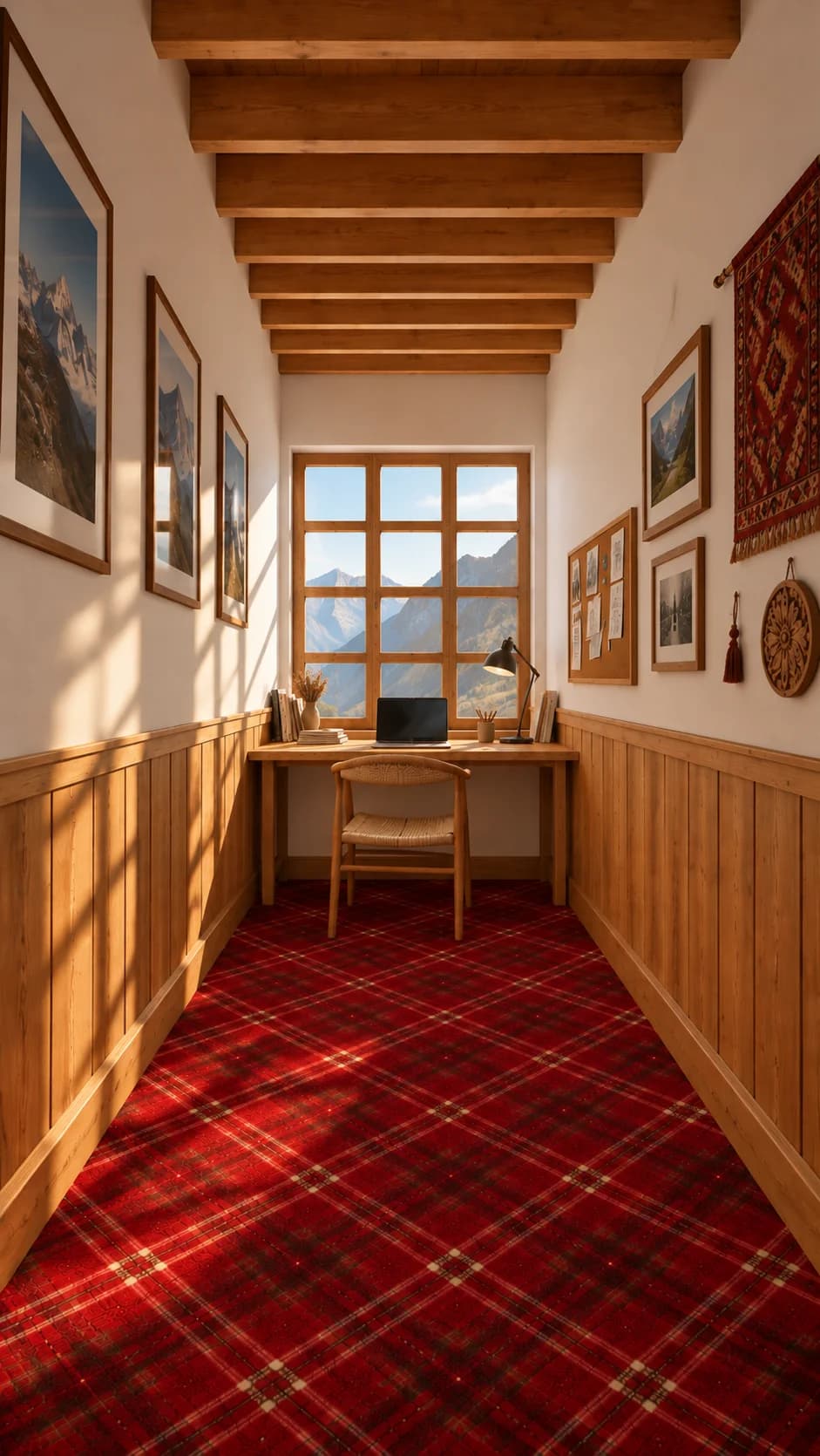 A sunny desk at the end of the wood-lined corridor