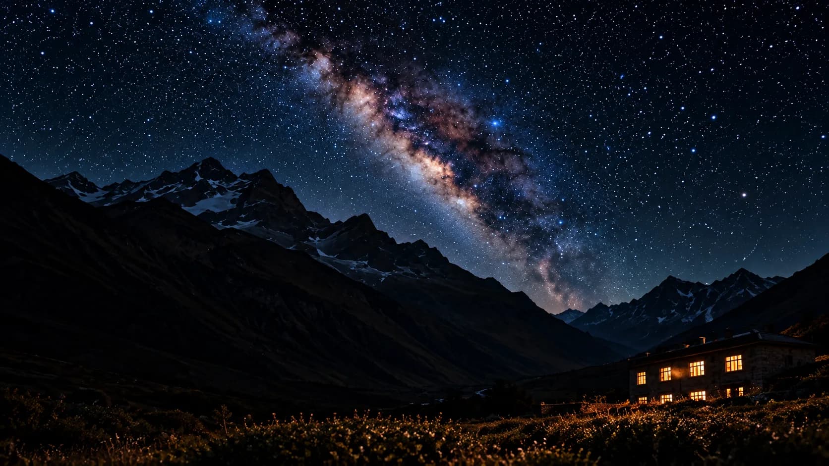 The Milky Way over snow-capped peaks, with the lit windows of Kibber House below