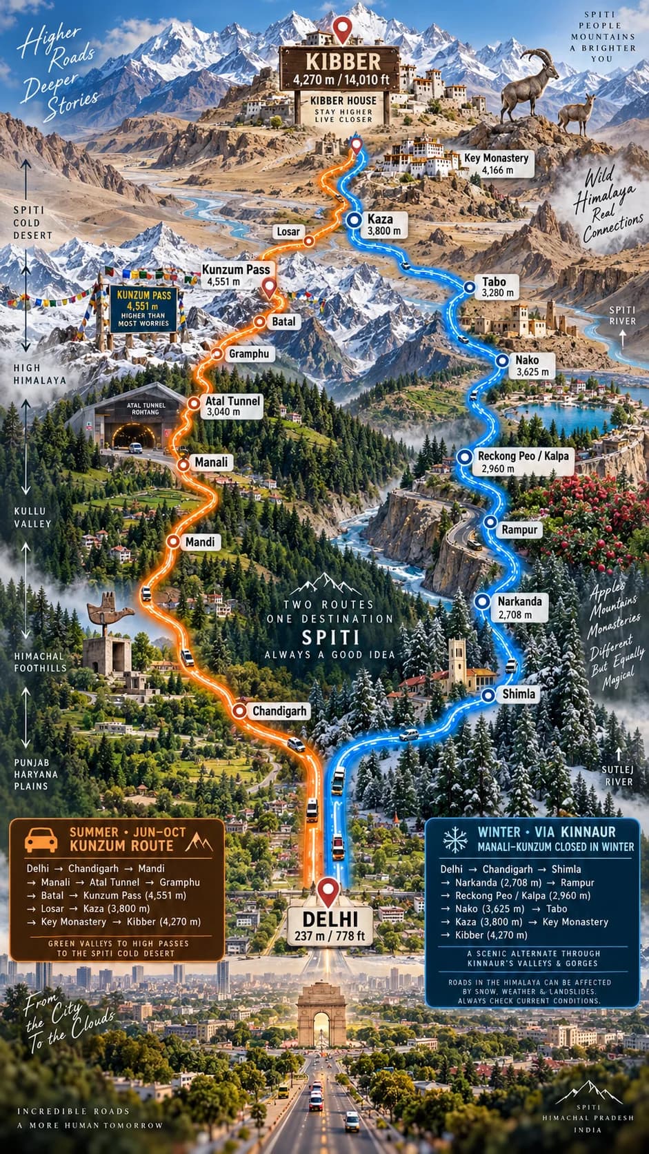 Illustrated routes from Delhi to Kibber via Manali and Shimla