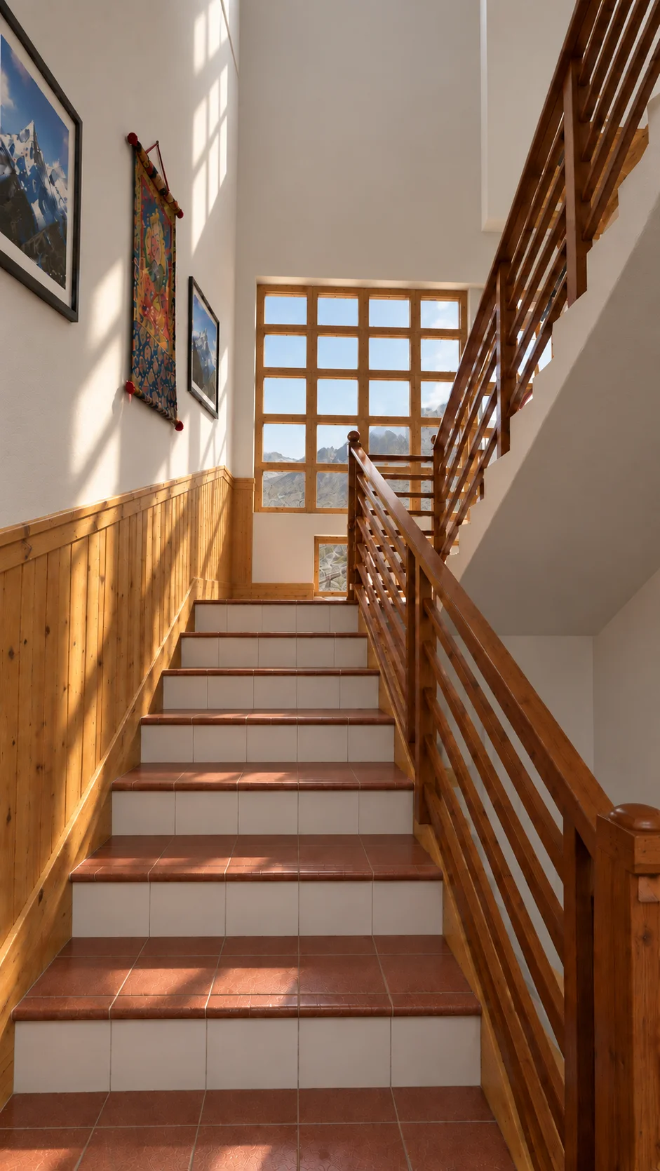 Sunlight on the wooden staircase