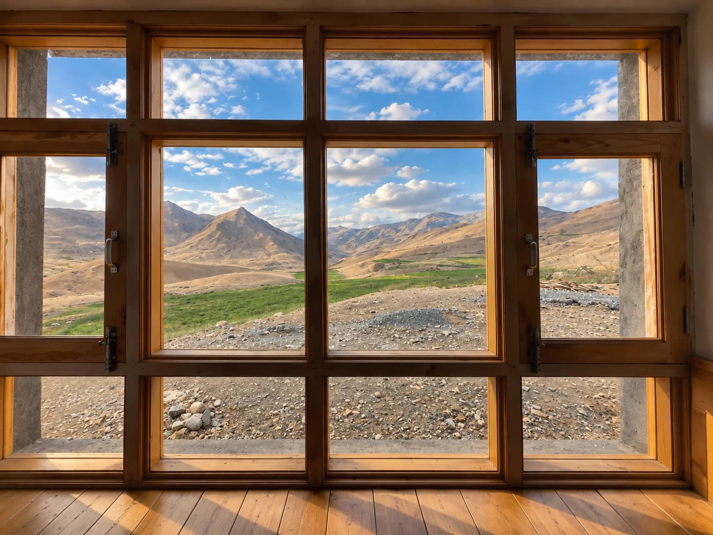 Mountain and field views through the wooden windows