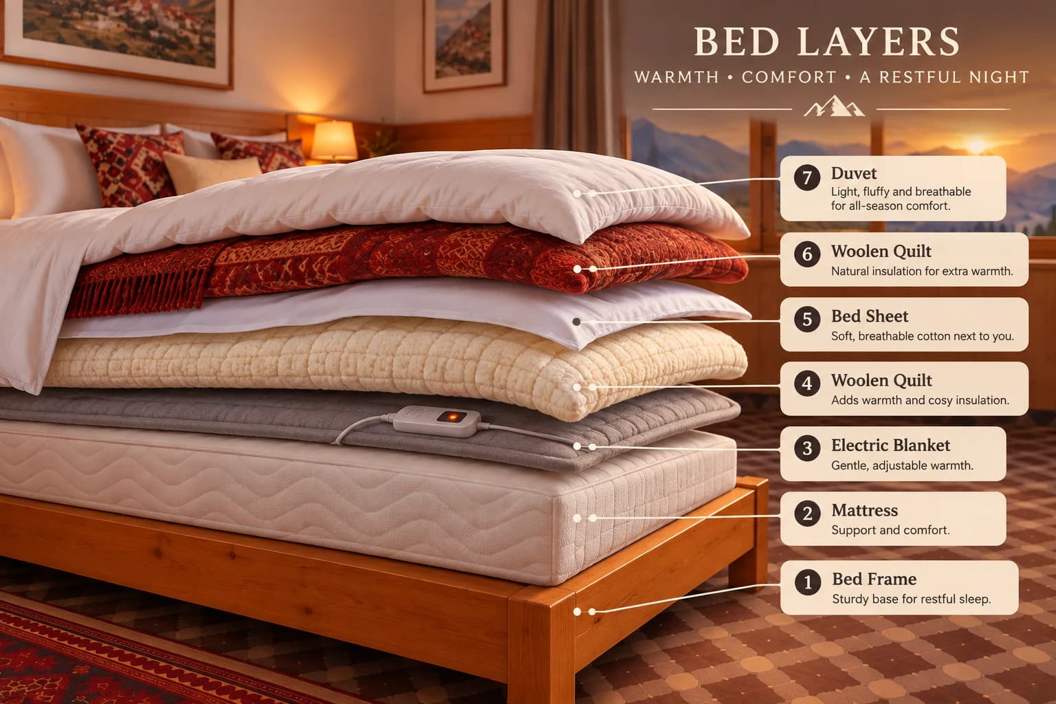 Seven layers of the Kibber House bed, from the wooden frame and mattress to the electric blanket, quilts, sheet and duvet