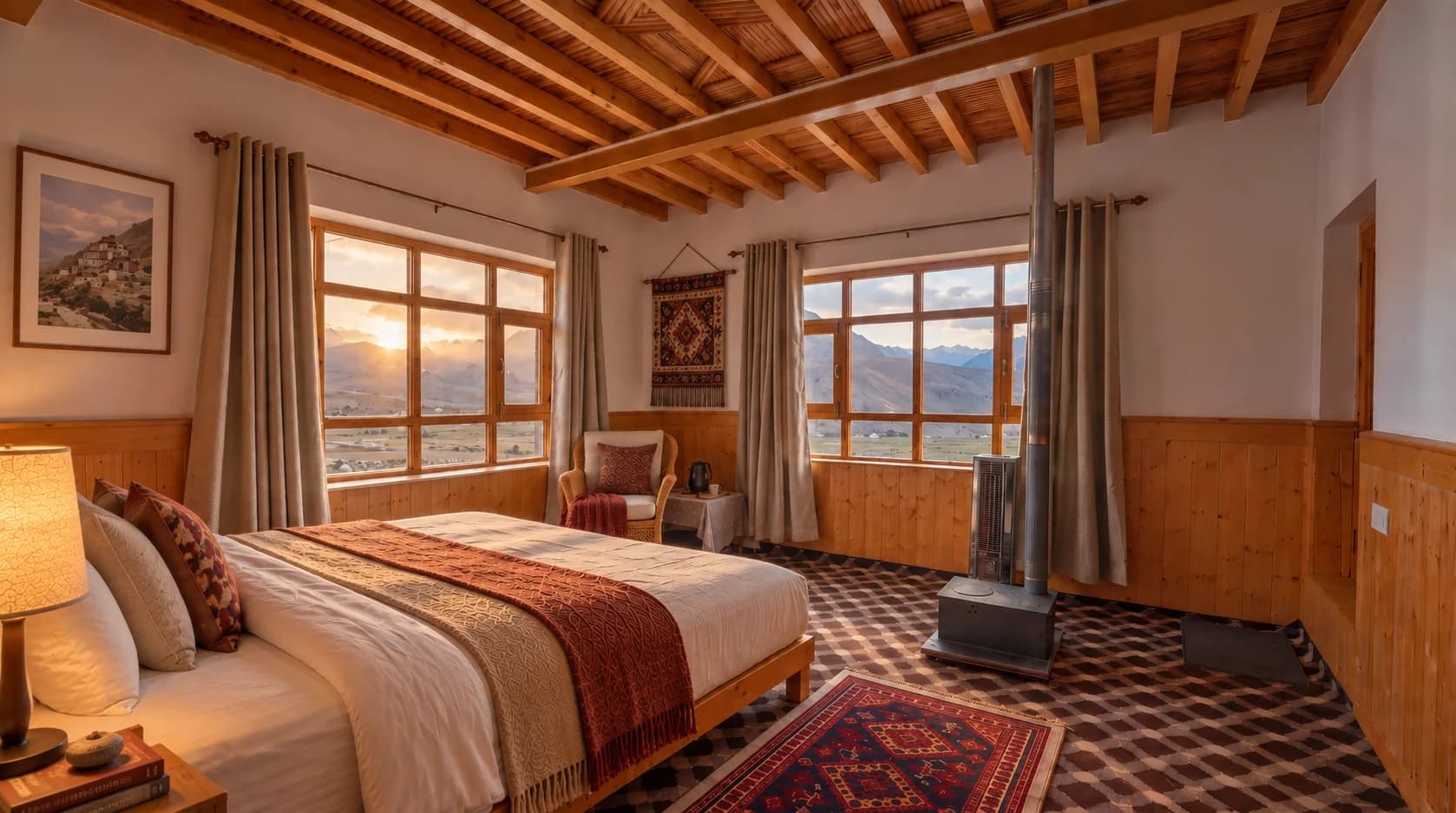 Warm wood-lined bedroom with a stove and mountain views through two windows