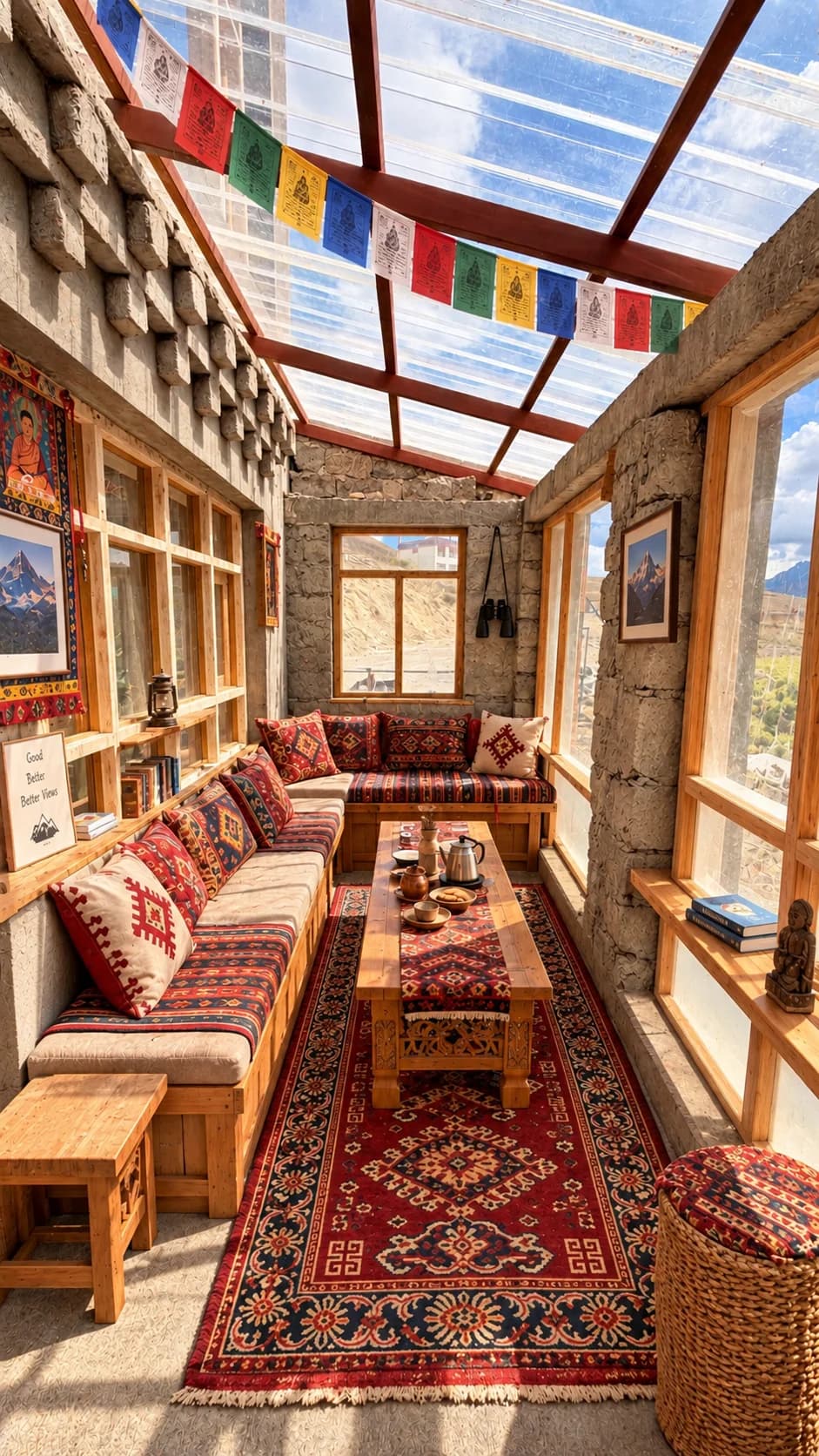Sunlit greenhouse lounge with patterned cushions