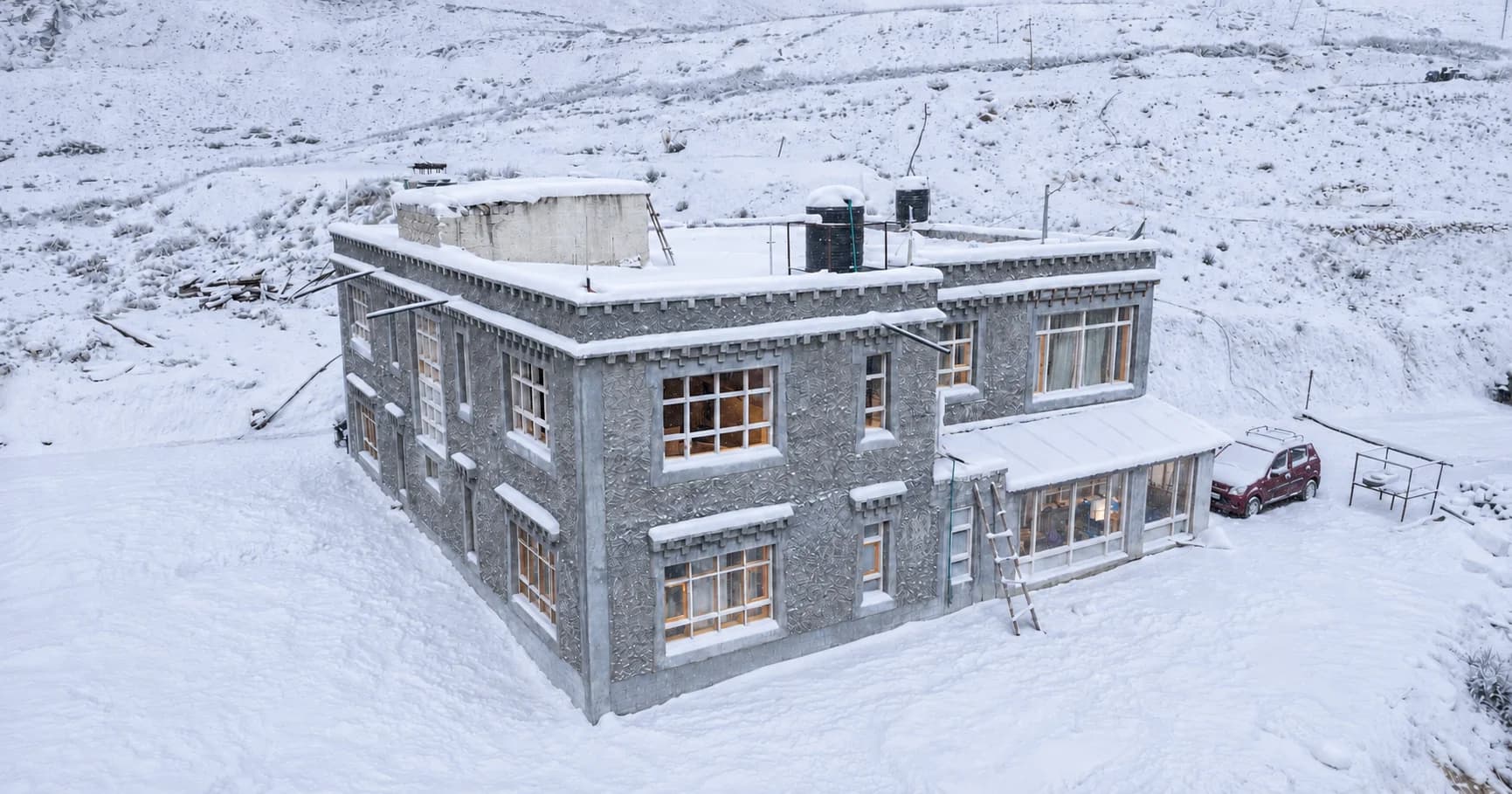 Kibber House surrounded by fresh snow
